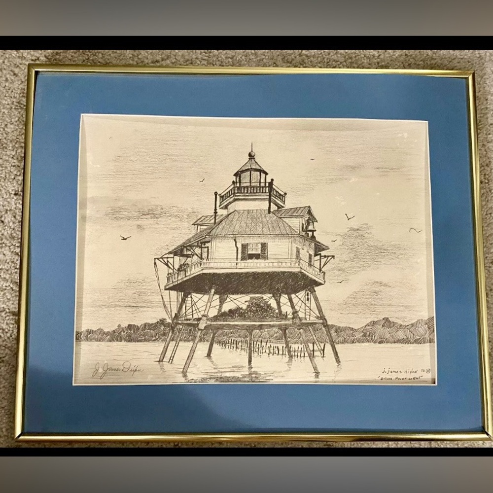 John James Dixon 1978 Signed Drum Point Lighthouse Sketch